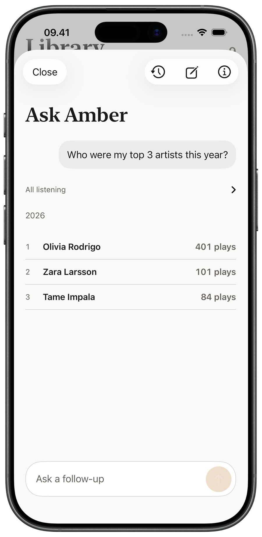 Ask Amber showing your top three artists and their play counts